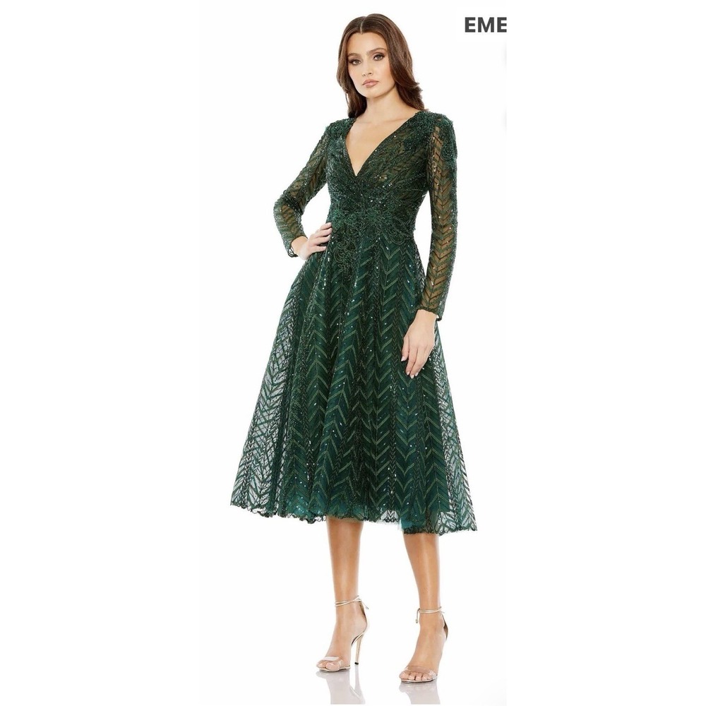 Mac Duggal Bead & Sequin Tulle Fit & Flare Dress Emerald #20399 NWT Size 14 $598